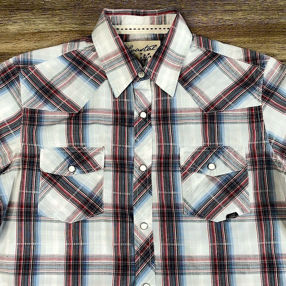 Coastal Plaid Red White and Blue Button Snap Shirt sz M
